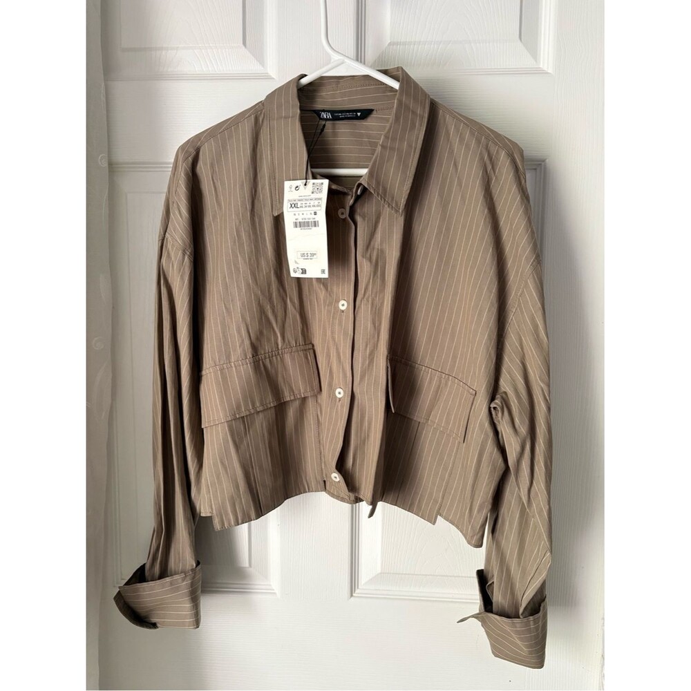 New NWT Zara Cropped Pinstripe gabardine blazer button-down shirt top size XXL